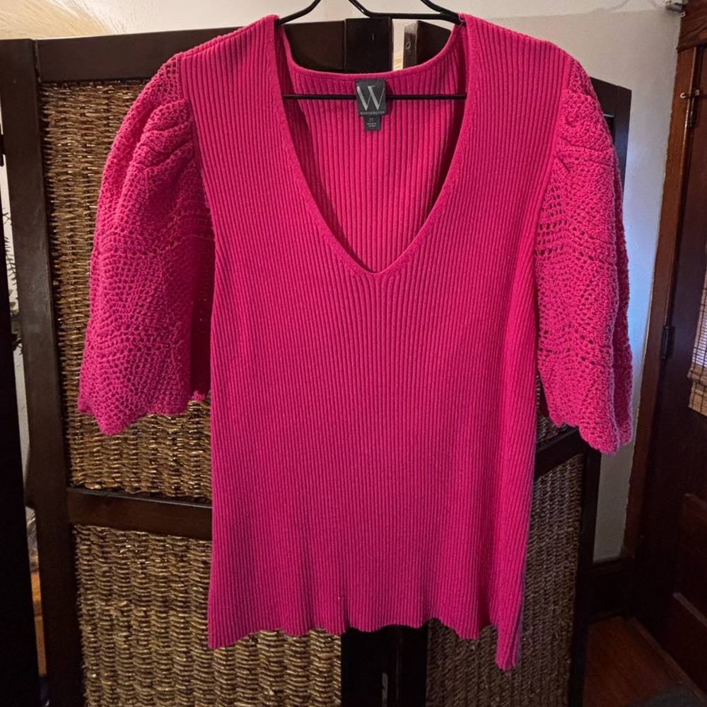 Worthington Fuchsia Ribbed Knit V Neck Top 2X sz